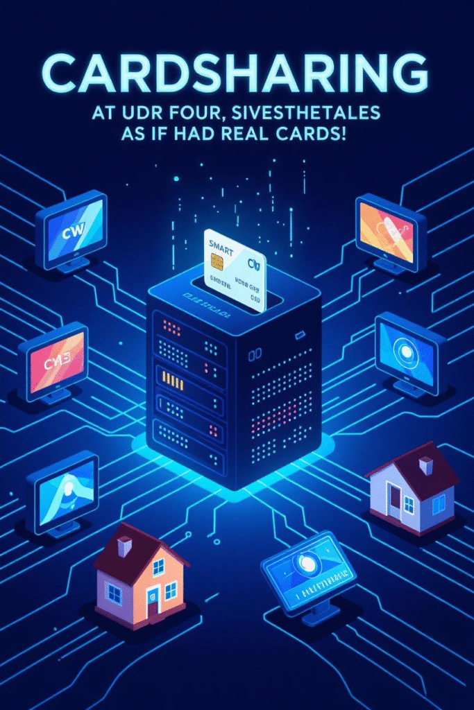 A futuristic but slightly retro digital illustration showing the concept of cardsharing.