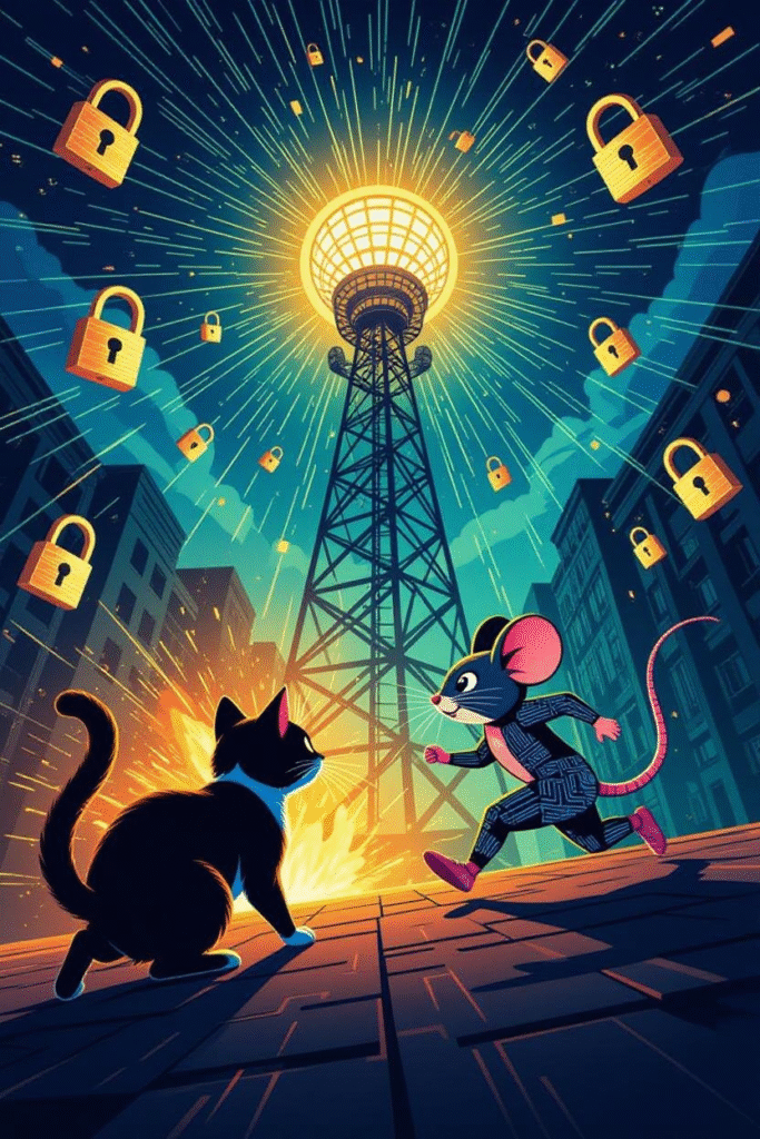 A symbolic digital illustration showing a cat-and-mouse chase in the world of satellite TV encryption.