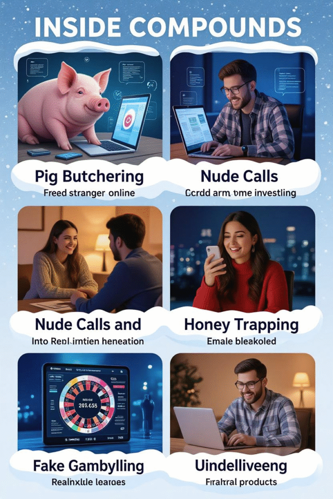 The background should feature a dark map of Southeast Asia, with Cambodia glowing in red or orange, surrounded by faint digital gridlines and glowing data trails spreading outward — symbolizing the reach of the scam network.