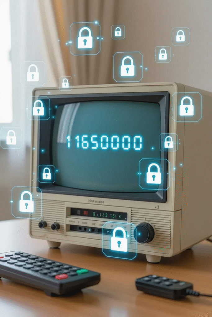 A vintage satellite TV receiver from the early 2000s displayed on a table, with its screen showing a hidden secret menu where a 16-digit encryption key is being entered using a remote control.