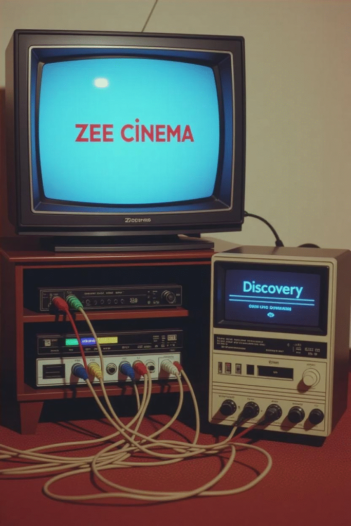 A retro satellite TV setup from the late 1990s–early 2000s.