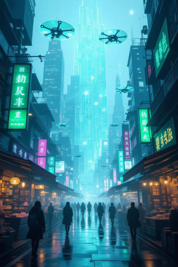 A futuristic digital city glowing with holograms, drones, and 6G-powered devices.