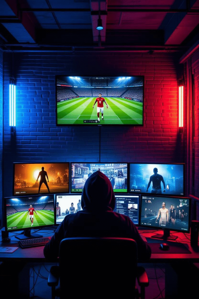 Piratkort Parabol: Global Decline of Satellite Piracy and Rise of Streaming 3 A hacker operating multiple IPTV servers, with screens showing live football, movies, and premium channels being restreamed illegally.