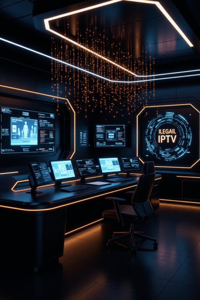 Piratkort Parabol: Global Decline of Satellite Piracy and Rise of Streaming 5 A futuristic control center with AI monitoring illegal IPTV streams and detecting piracy attempts in real-time.