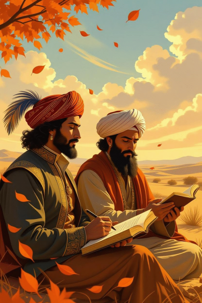 Autumnal Heat Season: A Forgotten Global Story of Heat, Harvest, and Humanity 4 Illustration of Shakespeare and Shah Latif side by side, both writing about autumn heat, leaves falling and Sindhi desert blending into English countryside