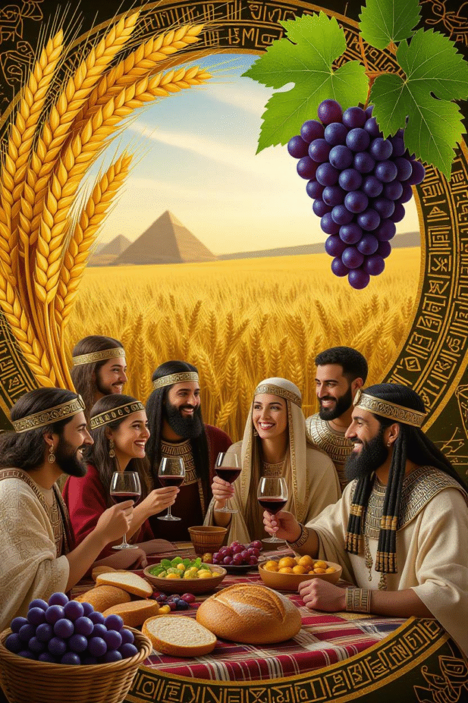 Autumnal Heat Season: A Forgotten Global Story of Heat, Harvest, and Humanity 5 Collage of ancient Celtic, Jewish, and Egyptian harvest rituals, golden grains, grapes, and people celebrating with bread and wine.
