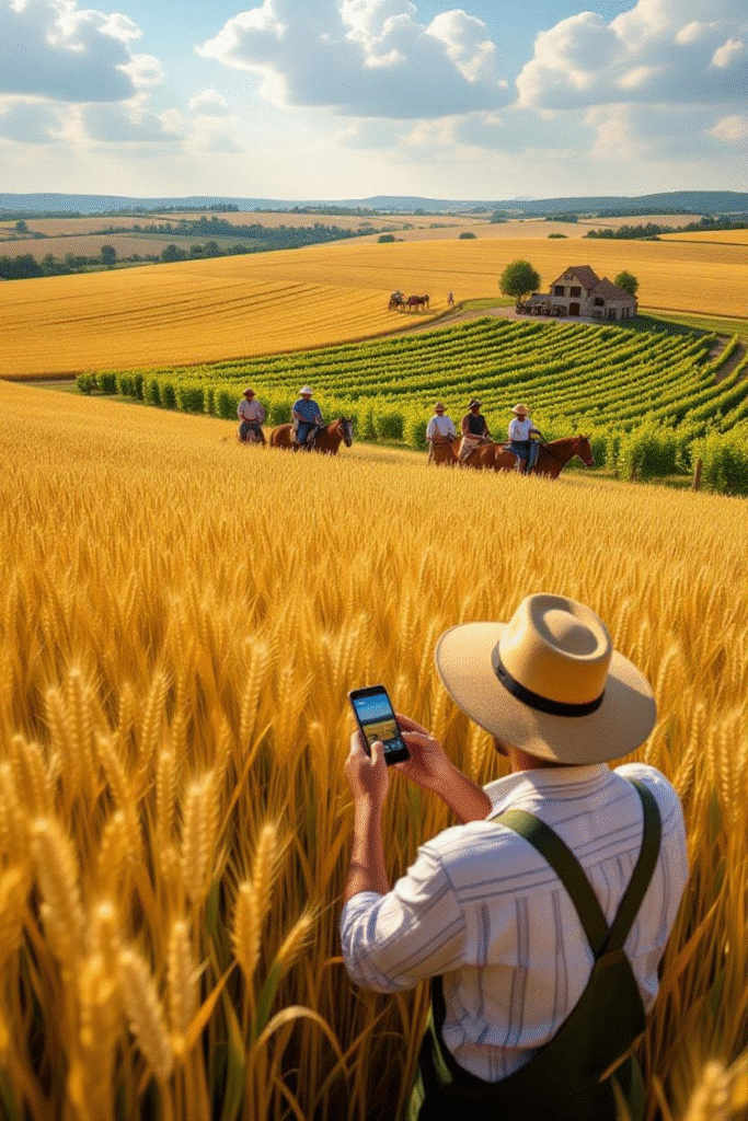 Autumnal Heat Season: A Forgotten Global Story of Heat, Harvest, and Humanity 7 Modern farmer using smartphone to check weather apps in a humid September field, merging ancient tradition with modern science.