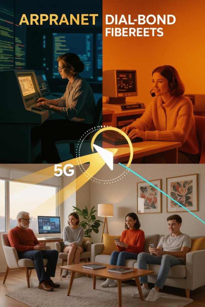 A visual timeline from ARPANET to dial-up, broadband, fiber, and 5G, showing people using technology at each stage.