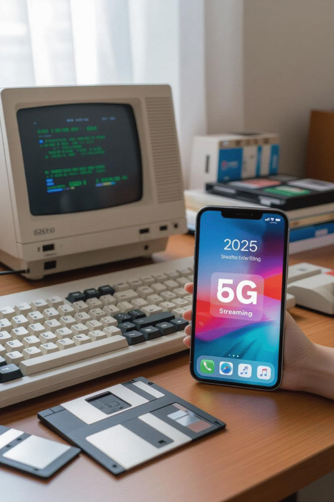 A side-by-side meme: old 1990s desktop with dial-up vs. a 2025 sleek 5G smartphone streaming 8K video.