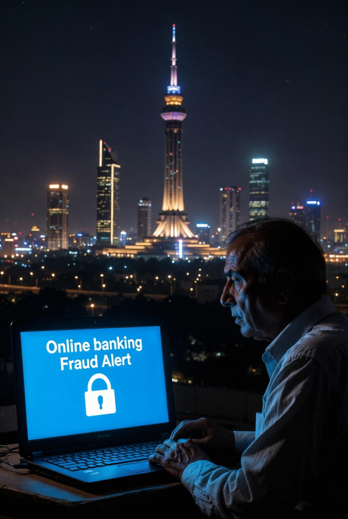 A worried man sitting in front of a laptop showing an online banking fraud alert, Karachi city skyline glowing at night.