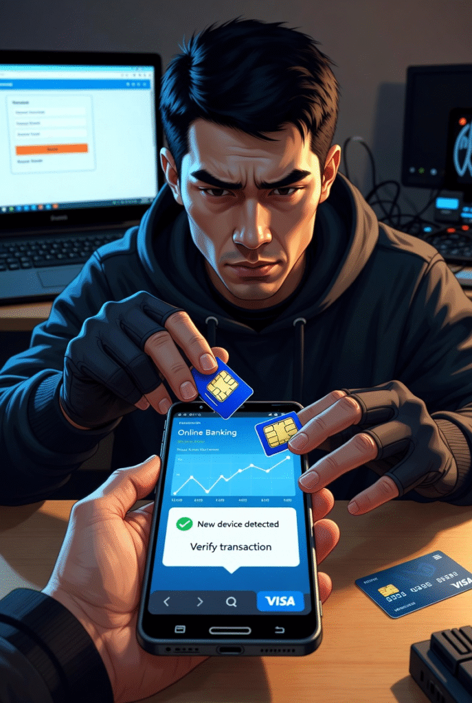 Illustration showing a hacker swapping SIM cards and accessing a victim’s online bank account.