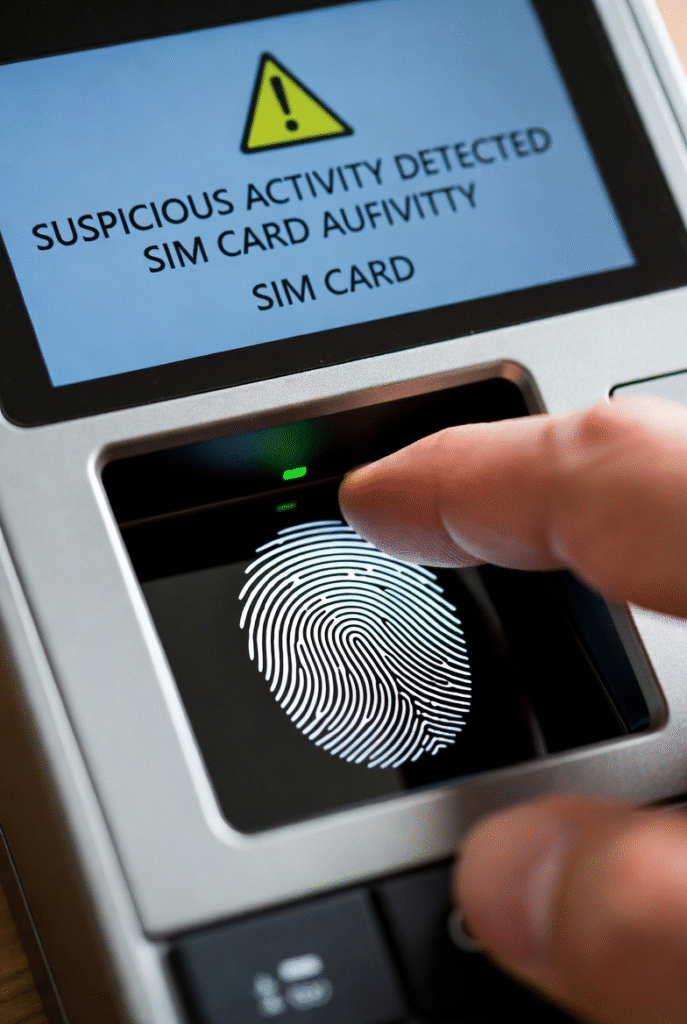 Close-up of a biometric fingerprint scanner with suspicious SIM card activity in background.