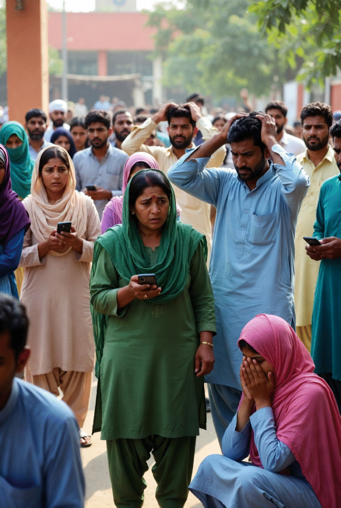 Illustration of ordinary Pakistani citizens worried about mobile and bank security.