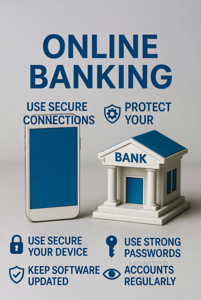 Infographic showing smartphone and bank icons with online banking safety tips.