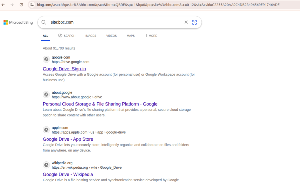 Bing Search Bug Exposed: Why Advanced Search Operators Are Failing in 2025 3 Bing Search Bug - Google Drive Pages Dominate Results