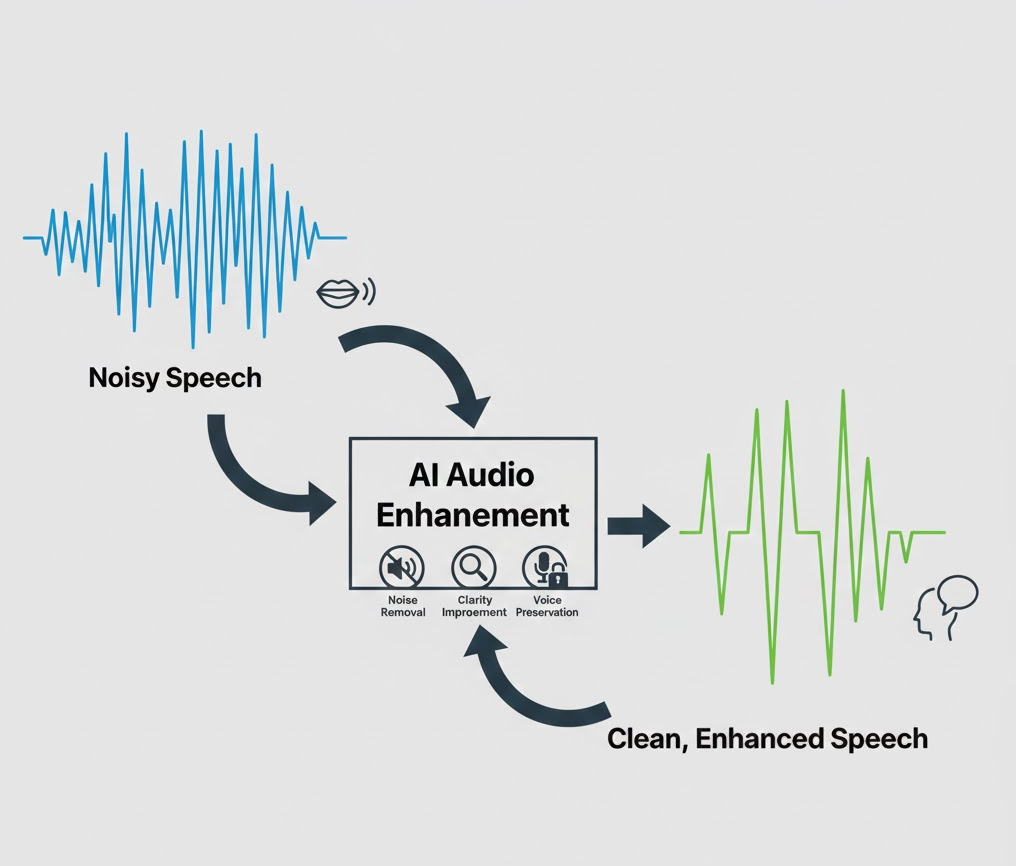 A diagram showing a waveform of noisy human speech transforming into a clean, enhanced waveform through AI processing. Include icons representing noise removal, clarity improvement, and voice preservation. Clear, educational style.