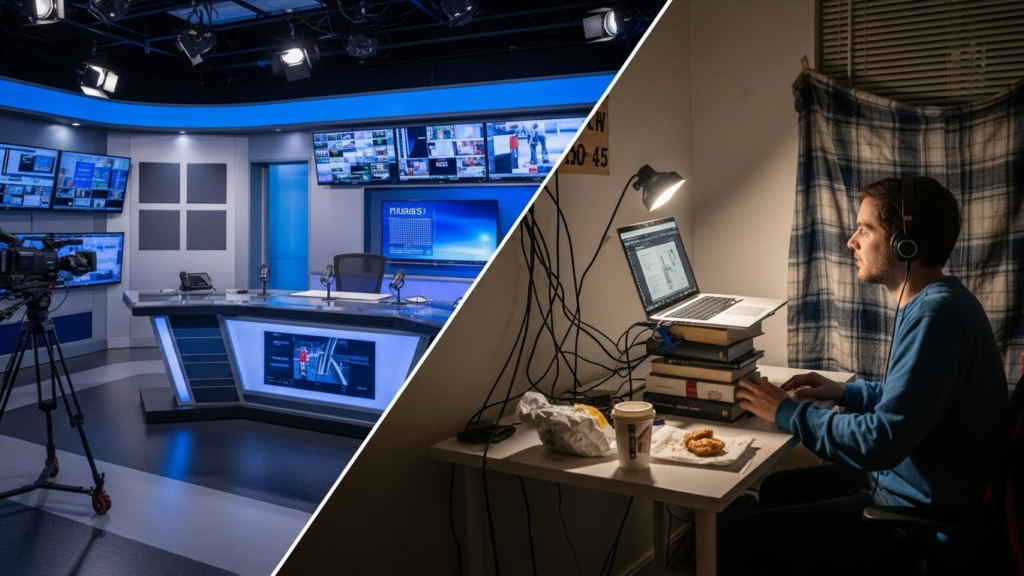 A split-screen image showing a professional broadcasting studio on one side and a rushed, makeshift home setup on the other.