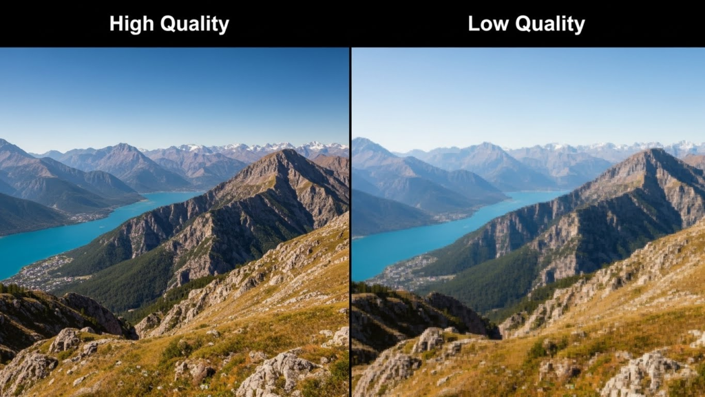 Close-up comparison of a high-quality video frame versus a heavily compressed, low-quality frame.