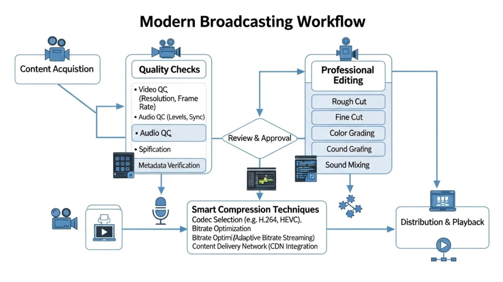 A workflow chart showing quality checks, professional editing, and smart compression techniques in modern broadcasting.