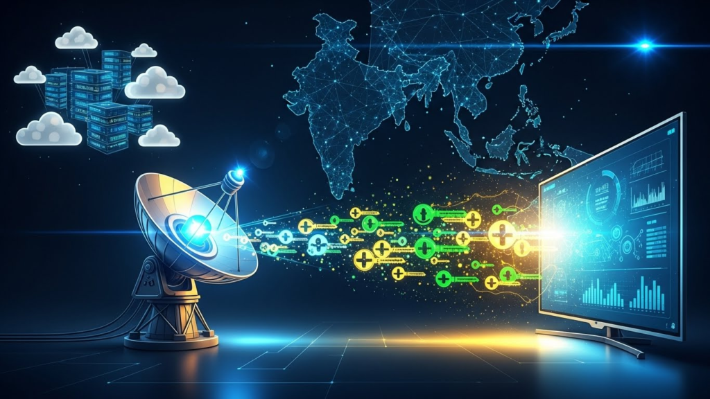 Nshare Server - Encryption keys flowing from a cloud server to a TV screen
