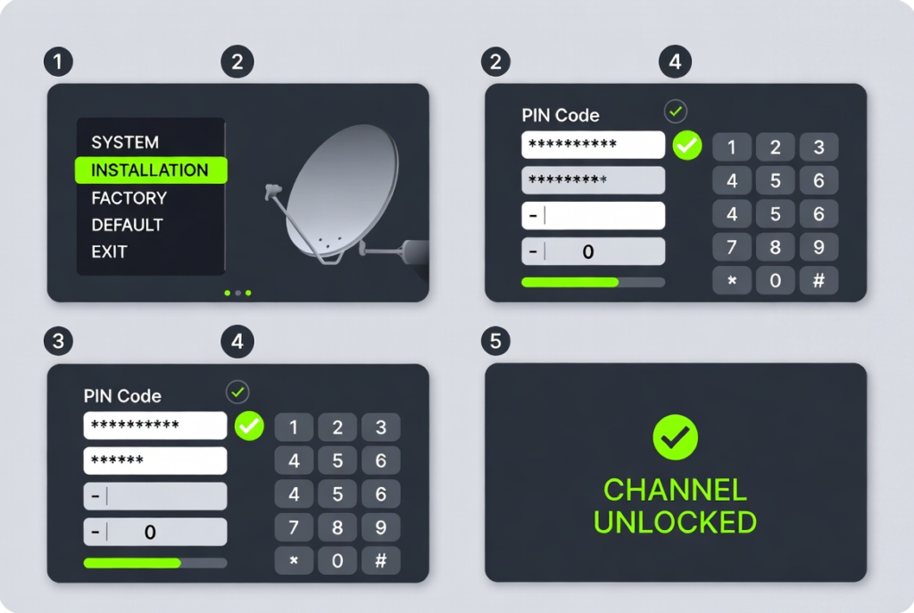 A tutorial-style graphic showing a user entering a PIN code on a satellite receiver