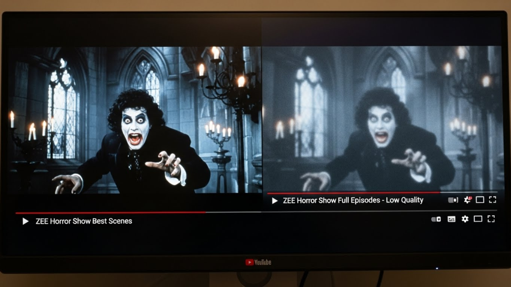 A visual showing a 1990s ZEE video clip on YouTube with clear resolution vs a recent poorly scaled local channel clip.