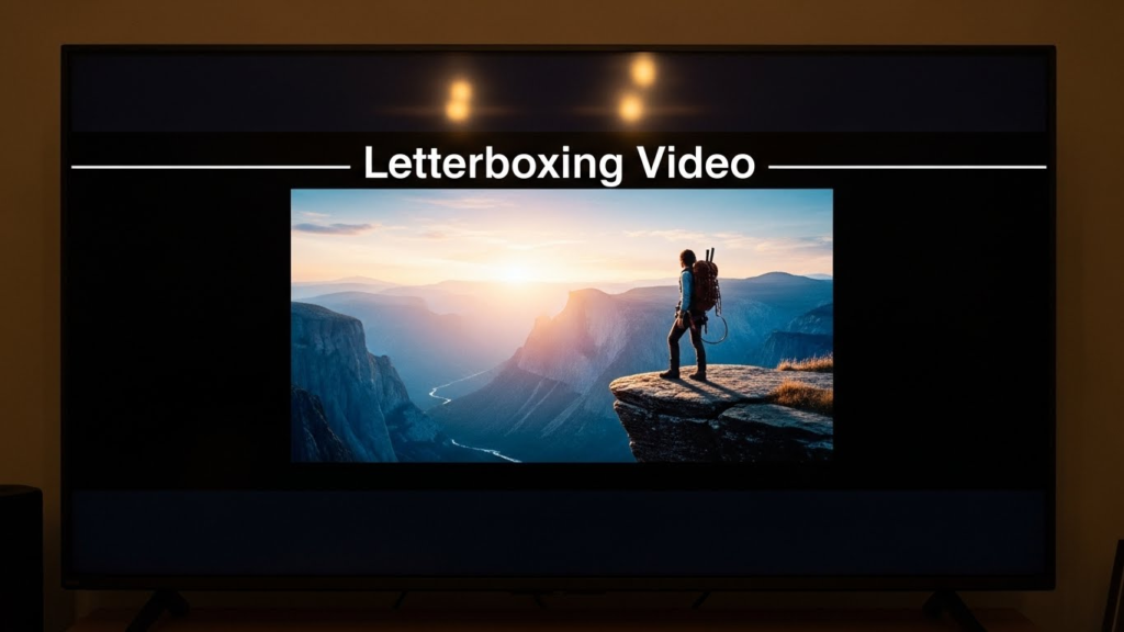 Understanding Letterboxing, Pillarboxing, and Cinema Aspect Ratios 2 A wide movie frame displayed on a standard 16:9 screen with black bars at the top and bottom, labeled “Letterboxing Video.
