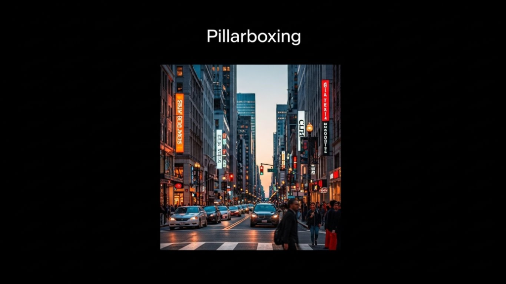 Understanding Letterboxing, Pillarboxing, and Cinema Aspect Ratios 3 A 4:3 video centered on a 16:9 screen with black bars on both sides, labeled "Pillarboxing."