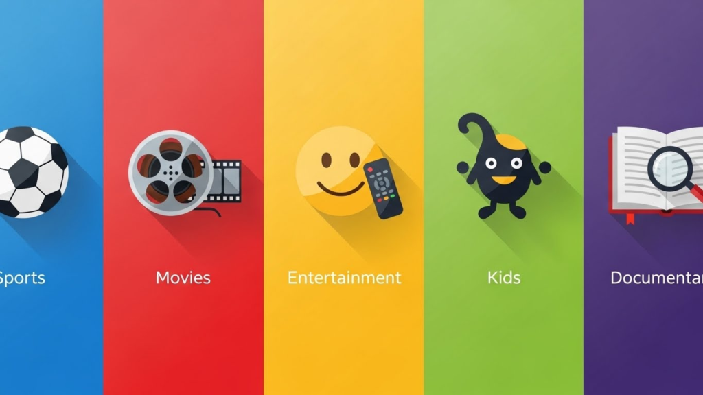 Sky TV channel categories illustrated: sports, movies, entertainment, kids, documentaries. Modern, colorful flat icons.