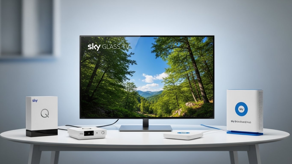 Sky TV box, Sky Glass TV, and Wi-Fi broadband router together on a modern table, representing a Sky TV + broadband bundle. Clean marketing-style image.