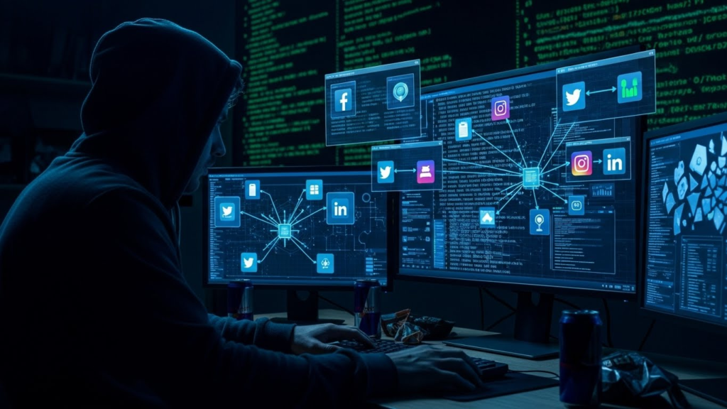 How SIM Swapping Happens: First Step to Final Step Explained for Beginners 2 A hacker in a dim environment collecting personal information from digital profiles, data leaks, and social media icons. Cybersecurity theme.