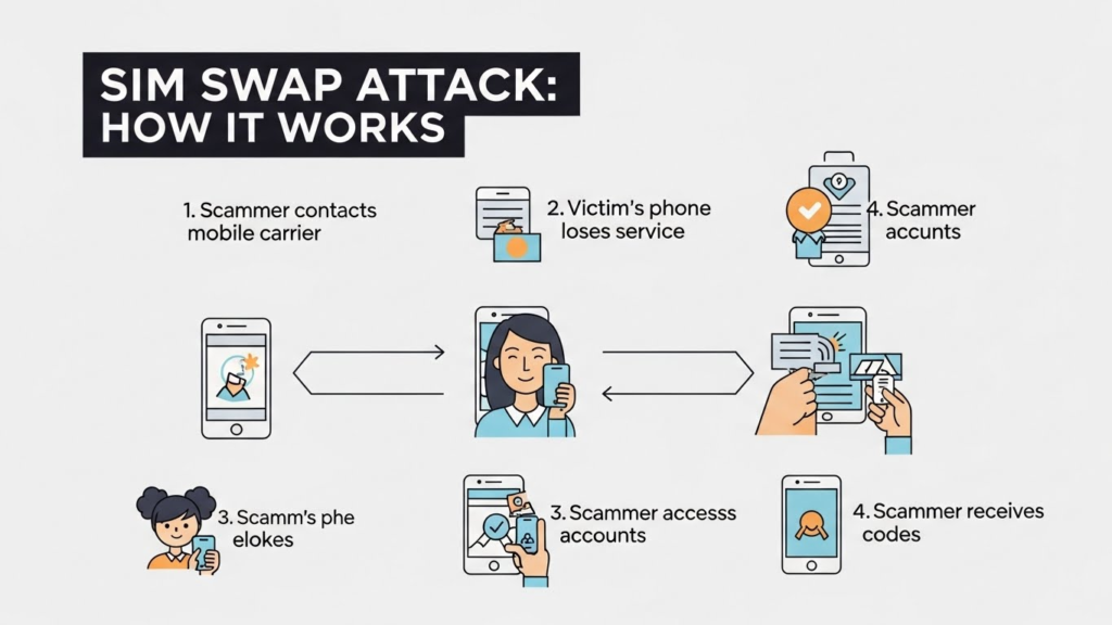 Step-by-step SIM swap attack diagram showing a scammer contacting mobile company, Android phone losing network, digital accounts getting hacked.