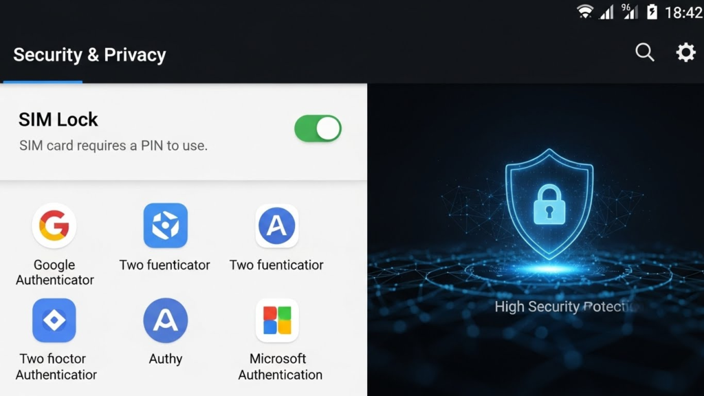 Android security settings screen with SIM lock enabled, 2FA app icons, high-security protection visuals, clean interface.