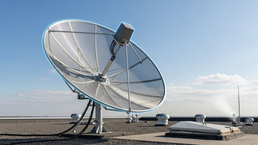 Professional satellite dish on a rooftop receiving encrypted TV signals, representing secure satellite encryption for American region channels, clear sky background