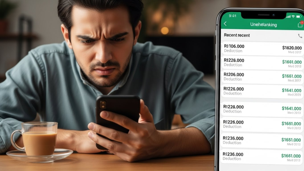Jazz Mobile Fraud Frustrated Pakistani user checking a phone with multiple unauthorized deductions.