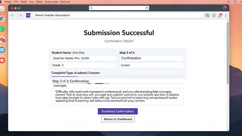 Screenshot illustration of PTA complaint form submission.