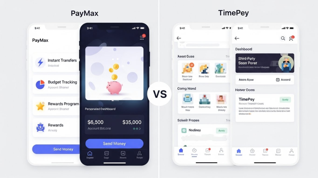 Illustration of PayMax app interface highlighting modern features vs TimePey.