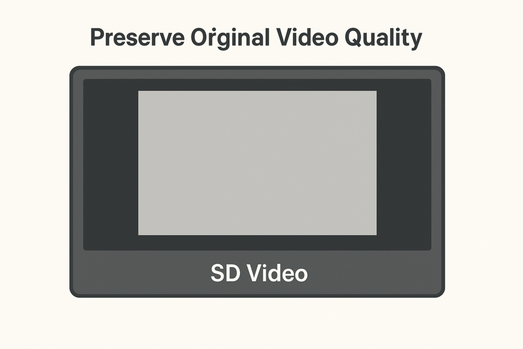 Why Fit-to-Screen Isn’t the Solution: Preserving Original Video Quality 4 "Diagram showing proper pillarboxing: an SD video centered on a modern HD screen with black bars on the sides to maintain original aspect ratio, labeled 'Preserve Original Video Quality'.