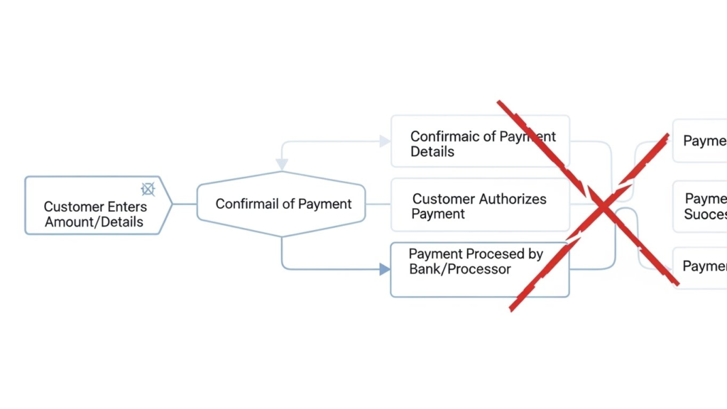 A diagram illustrating a payment flow breaking due to USSD session expiry