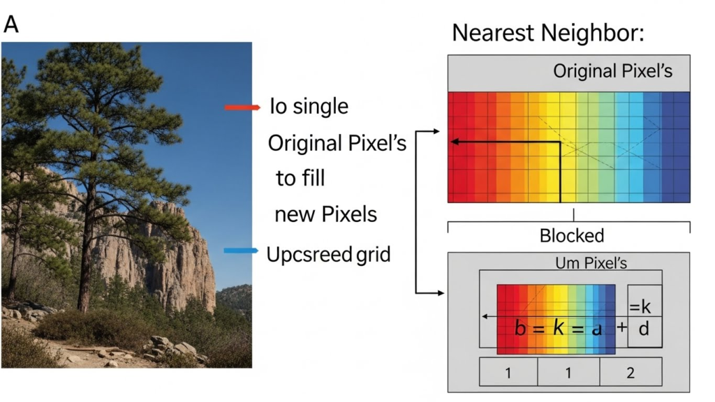 Diagram showing pixel interpolation in SD video upscaling.
