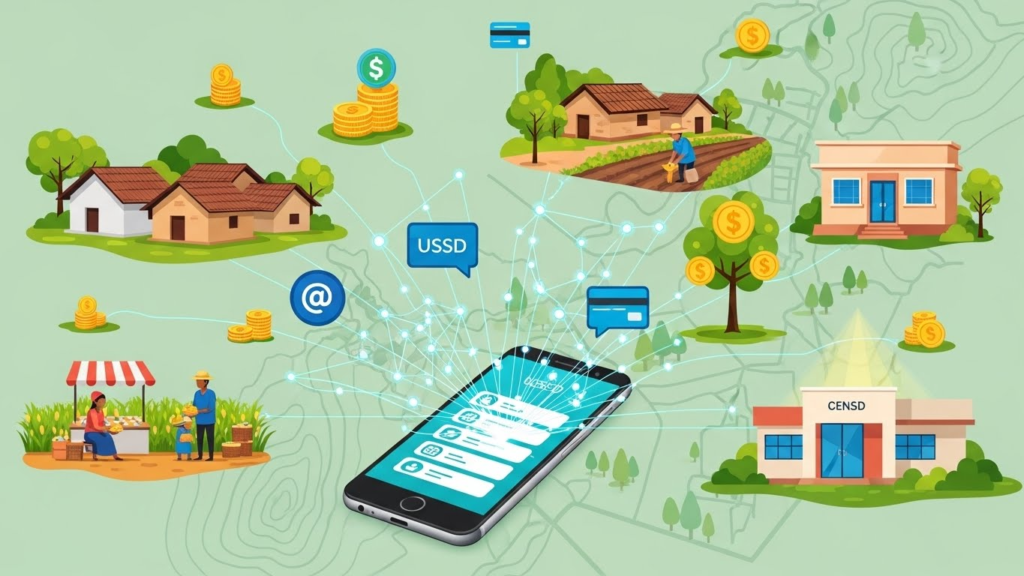 Why USSD Is Still Relevant — But Only If Designed Right 3 A conceptual graphic representing financial inclusion through USSD in rural and low-income communities