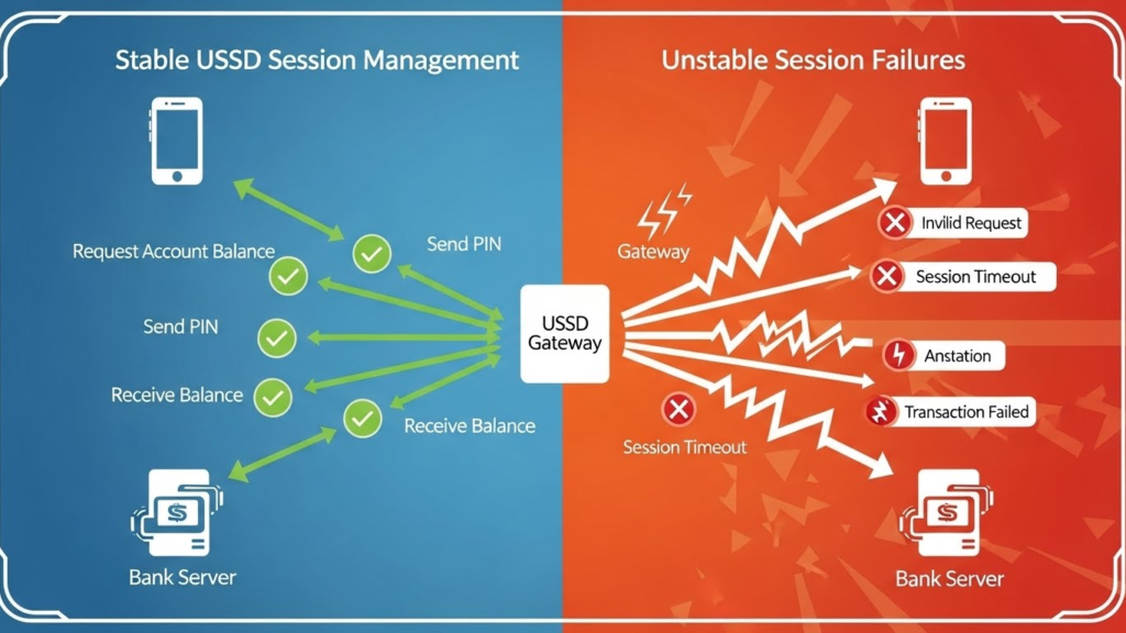 What Regulators & Operators Must Fix in USSD-Based Banking 3 A conceptual graphic illustrating stable USSD session management versus unstable session failures in mobile banking