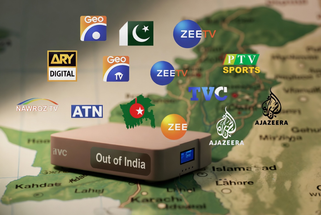A split visual showing a Dish TV satellite box labeled 'Out of India' with Pakistani, Bangladeshi, Afghan, and Middle Eastern channel logos floating around it, set against a map highlighting Pakistan.