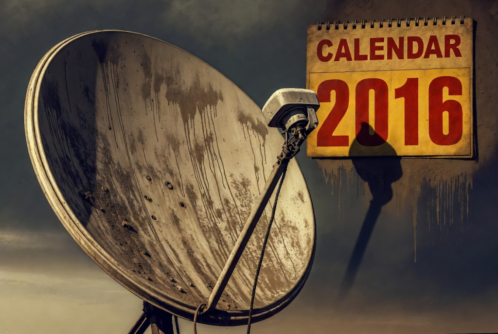 A symbolic illustration of a Pakistani DTH satellite dish covered in dust, with a calendar showing 2016 in the background, muted colors.
