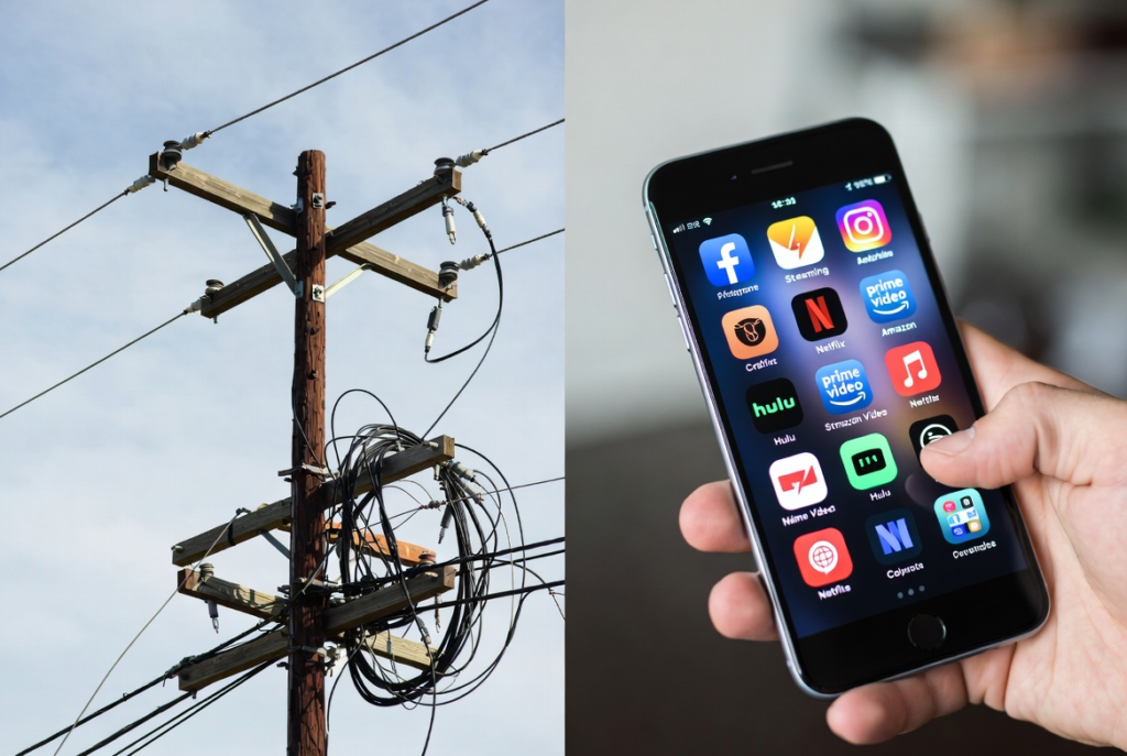 A split image: one side shows old cable TV wires tangled on poles, the other side shows modern streaming apps on a smartphone.