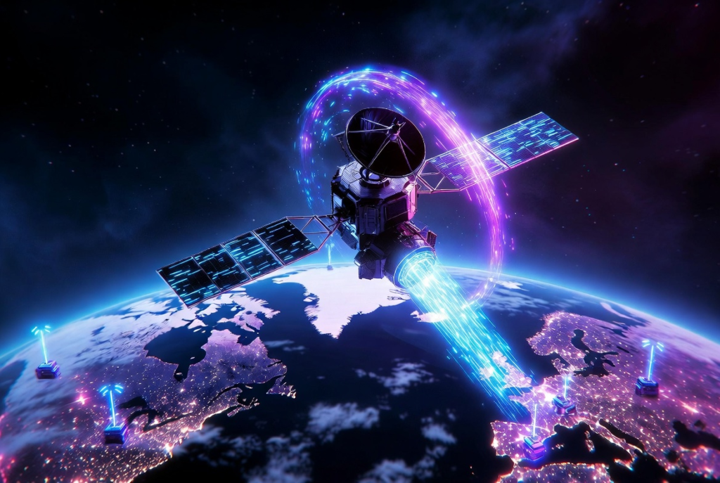 A dramatic futuristic illustration of a satellite orbiting Earth, transmitting encrypted signals to rooftops across continents, connected by glowing digital lines symbolizing shared decryption keys. Cyberpunk color palette with neon blues and purples.