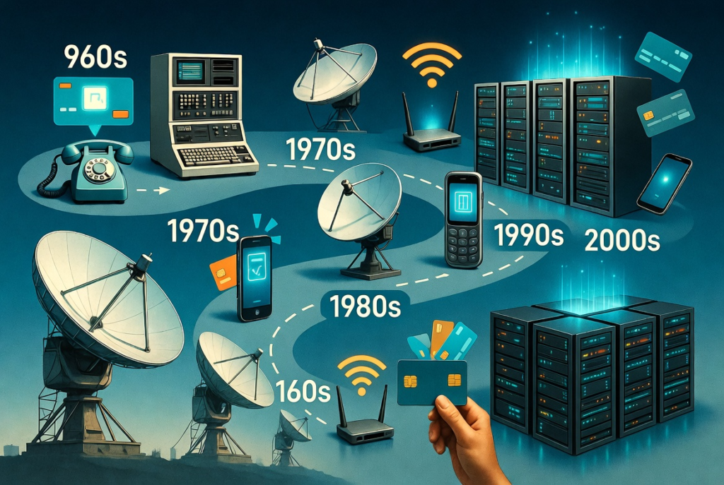 A colorful timeline infographic showing the evolution from large analog satellite dishes to smart cards, servers, and internet-based systems. Retro-futuristic style with clear decade markers.