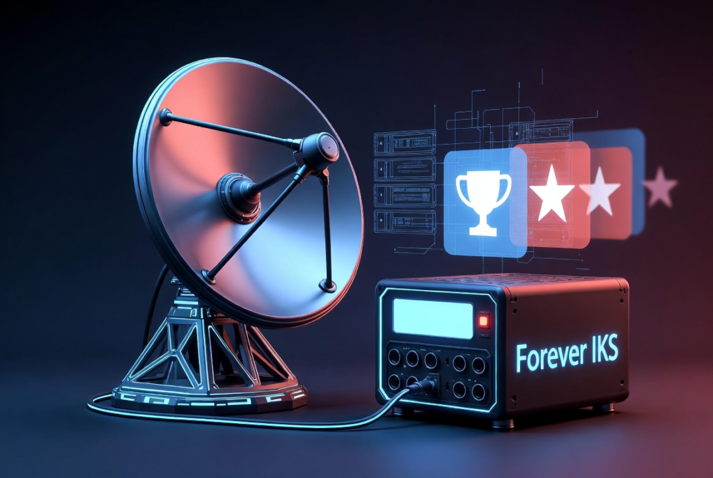 A futuristic illustration of a satellite dish connected to a glowing server labeled “Forever IKS,” with premium TV icons fading in and out to symbolize unstable access. Dark tech theme, blue and red highlights, modern digital style.