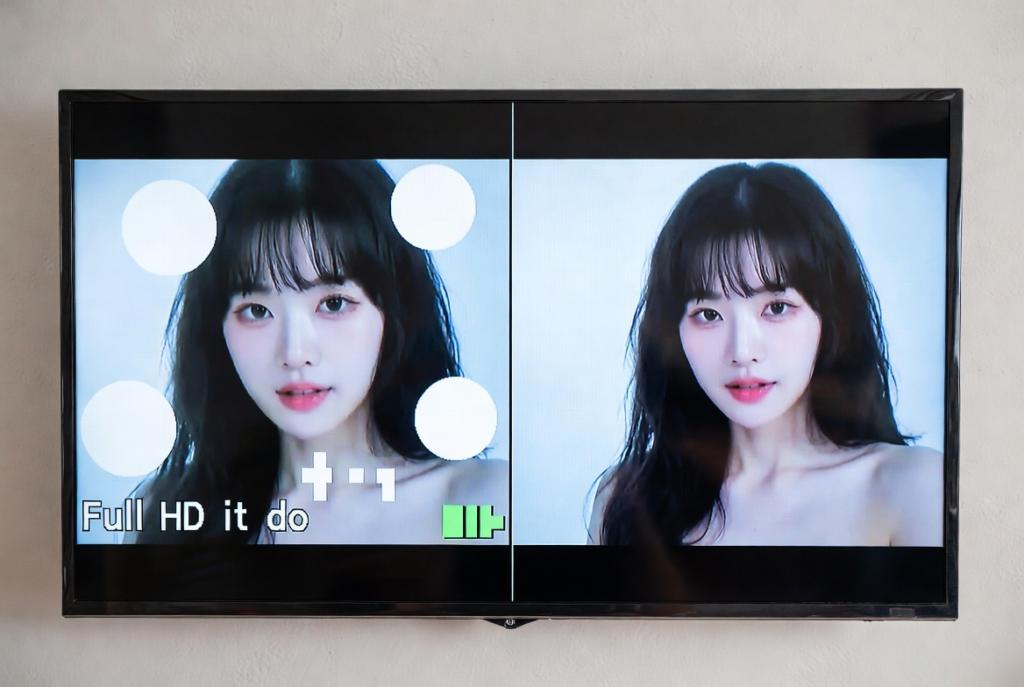 Why Fit-to-Screen Isn’t the Solution: Preserving Original Video Quality 2 A side-by-side comparison of a low-resolution video stretched to full HD on a TV screen showing distorted circles, text, and graphics versus the original video maintaining proportions.