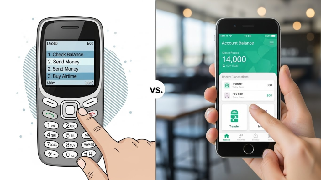 Why USSD Is Still Relevant — But Only If Designed Right 2 A comparison illustration showing USSD access on a feature phone versus a mobile banking app on a smartphone